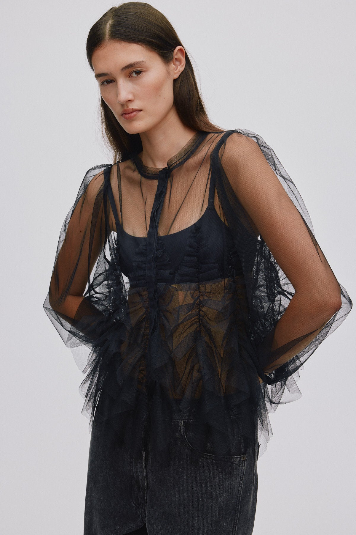 Frilly tulle shirt - Gida I Black 4 - Rabens Saloner - DK