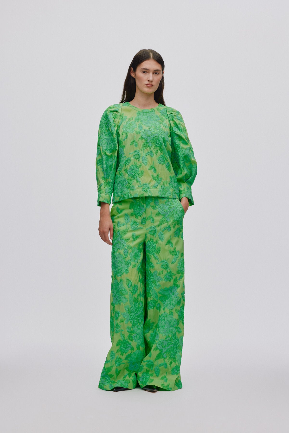 Clipped jacquard wide leg pants - Cass I Viper green 2 - Rabens Saloner - DK