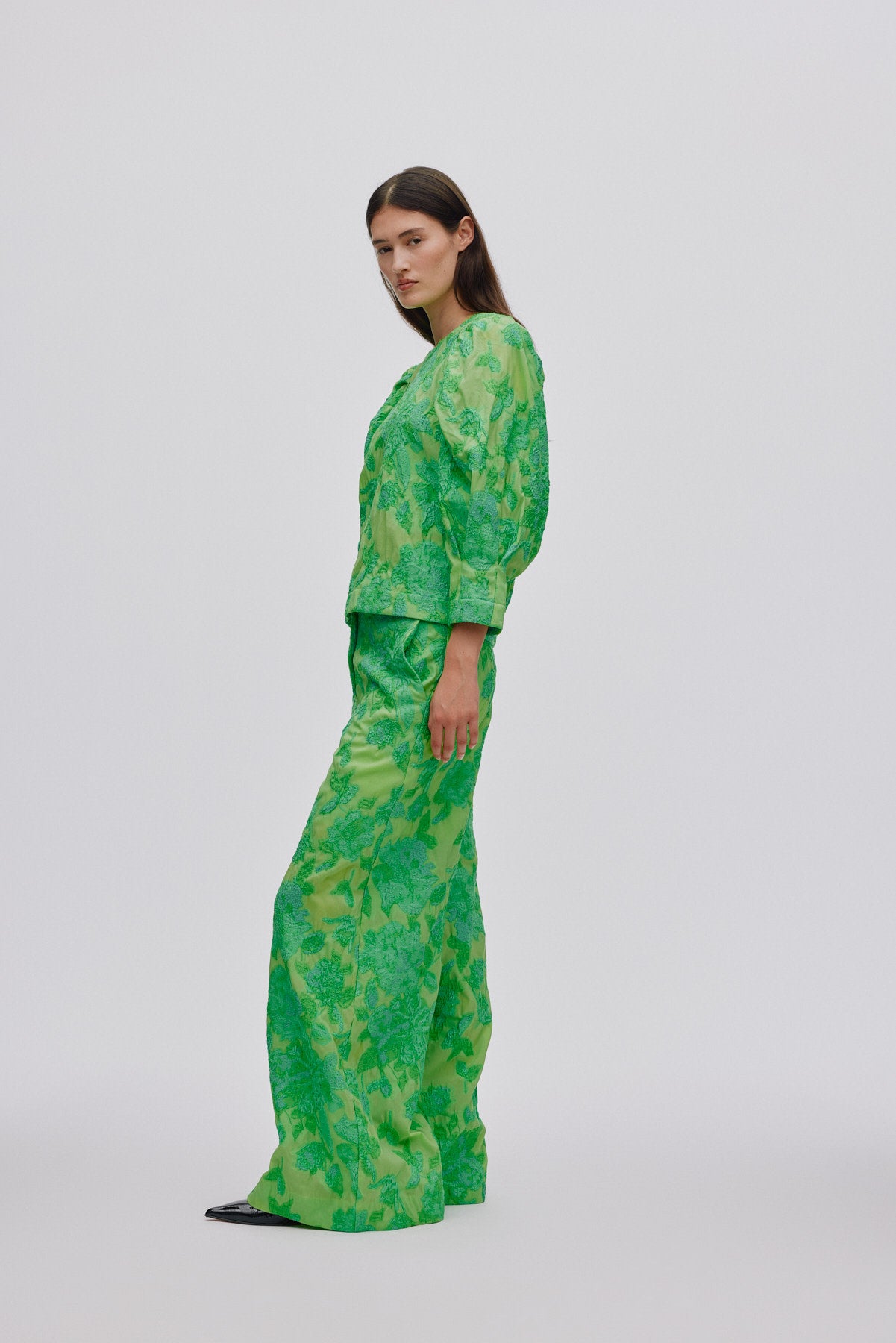 Clipped jacquard wide leg pants - Cass I Viper green 1 - Rabens Saloner - DK