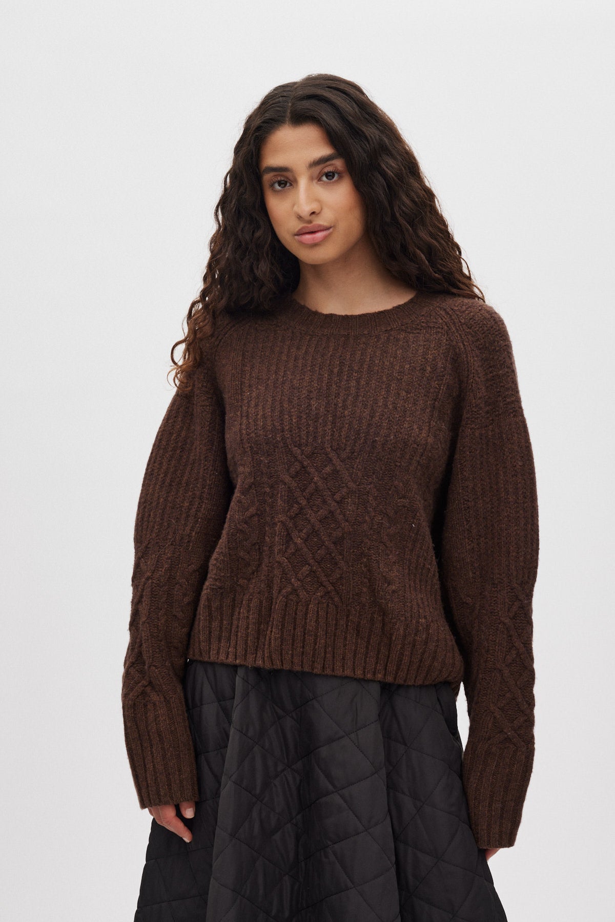 Baze - Patchwork knit cropped sweater I Brown 2 - Rabens Saloner - DK