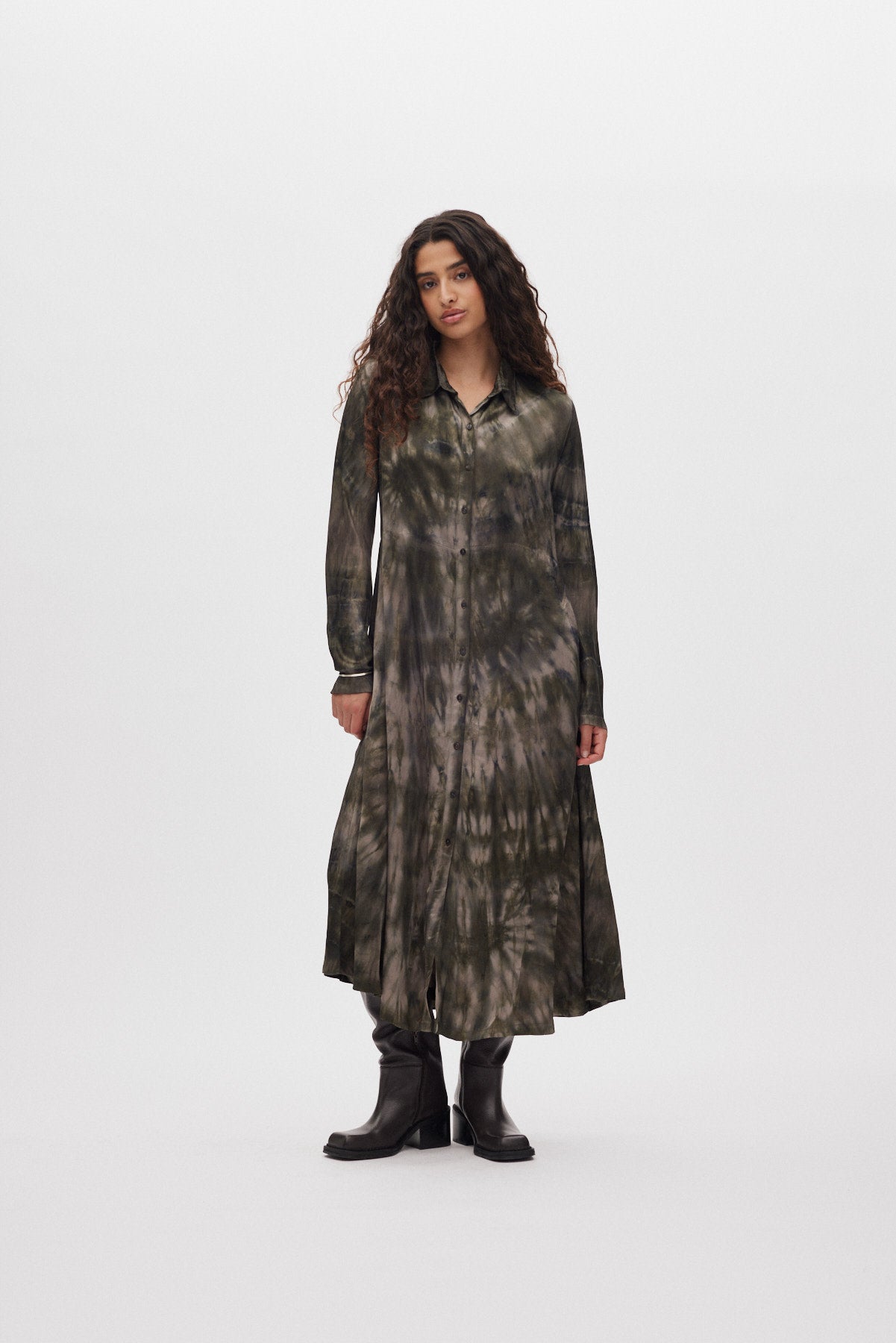Vija - Lava button dress I Grey green combo 1 - Rabens Saloner - DK