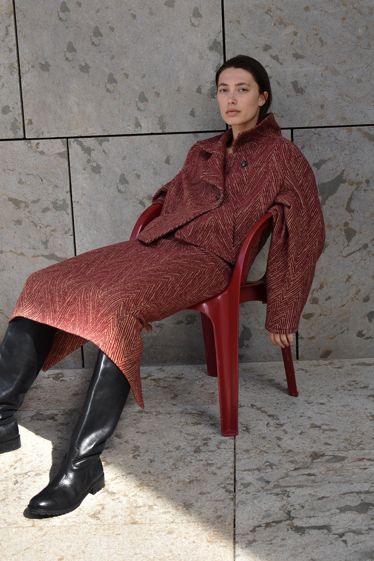 PreLoved Luzie - Herringbone long skirt I Burgundy combo - S