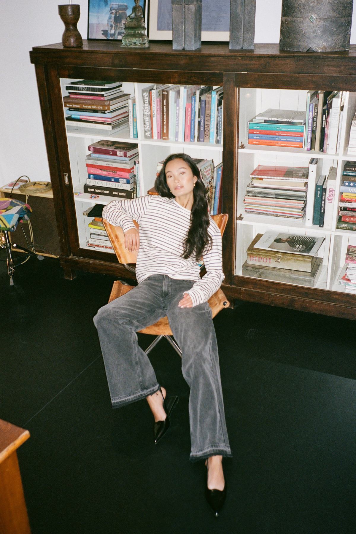 Hila - Light stretch crew neck top I Oyster navy stripe 1 - Rabens Saloner - DK