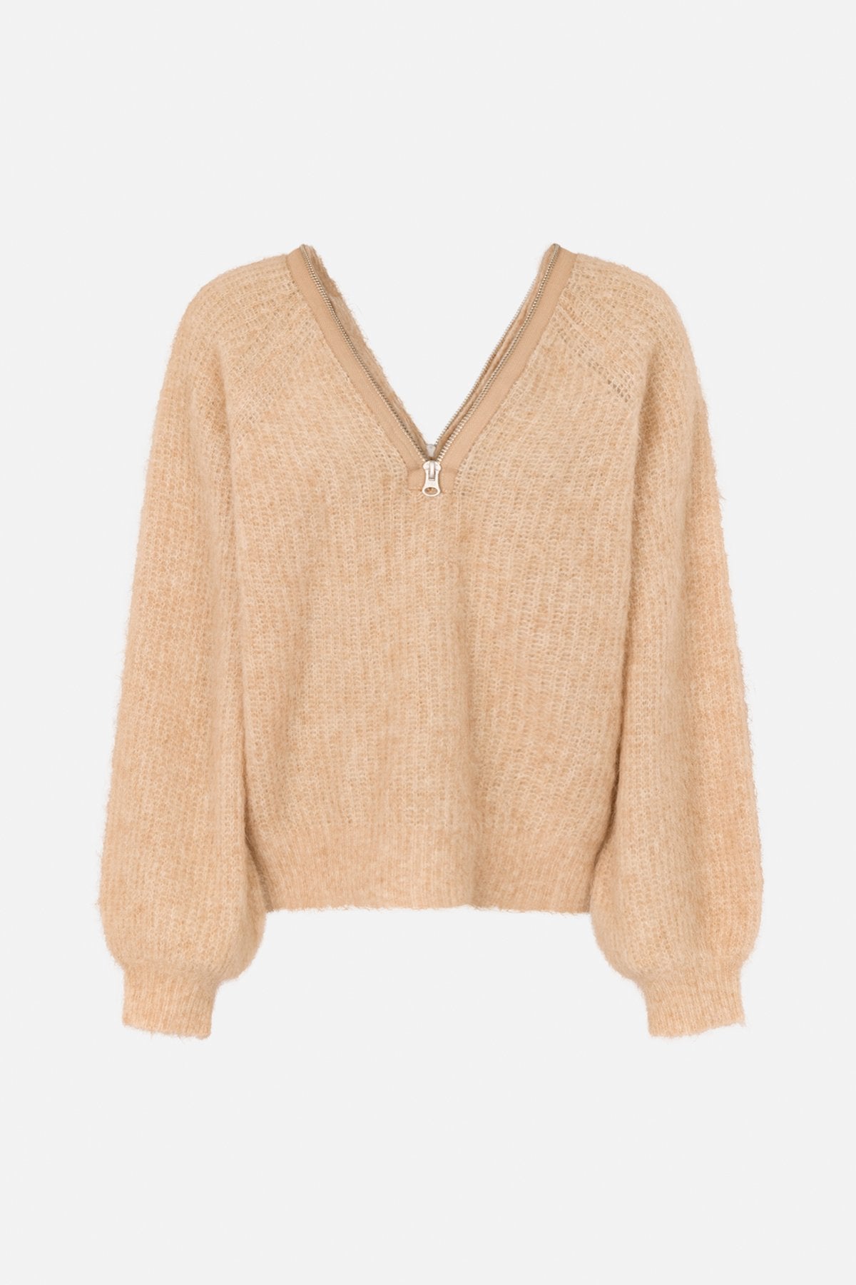 Maelle - Superlight knit zip opening sweater I Light camel 4 - Rabens Saloner - DK