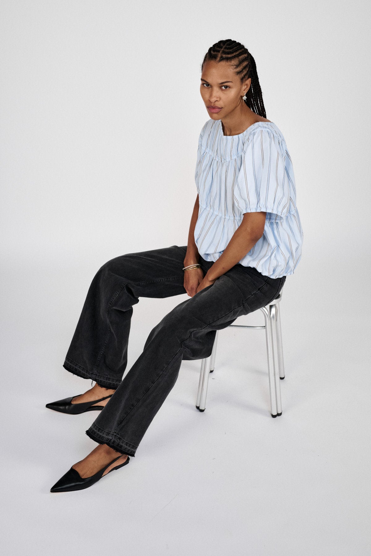 Lotte - Reverse stripe elasticated top I Blue pyjama stripe 3 - Rabens Saloner - DK
