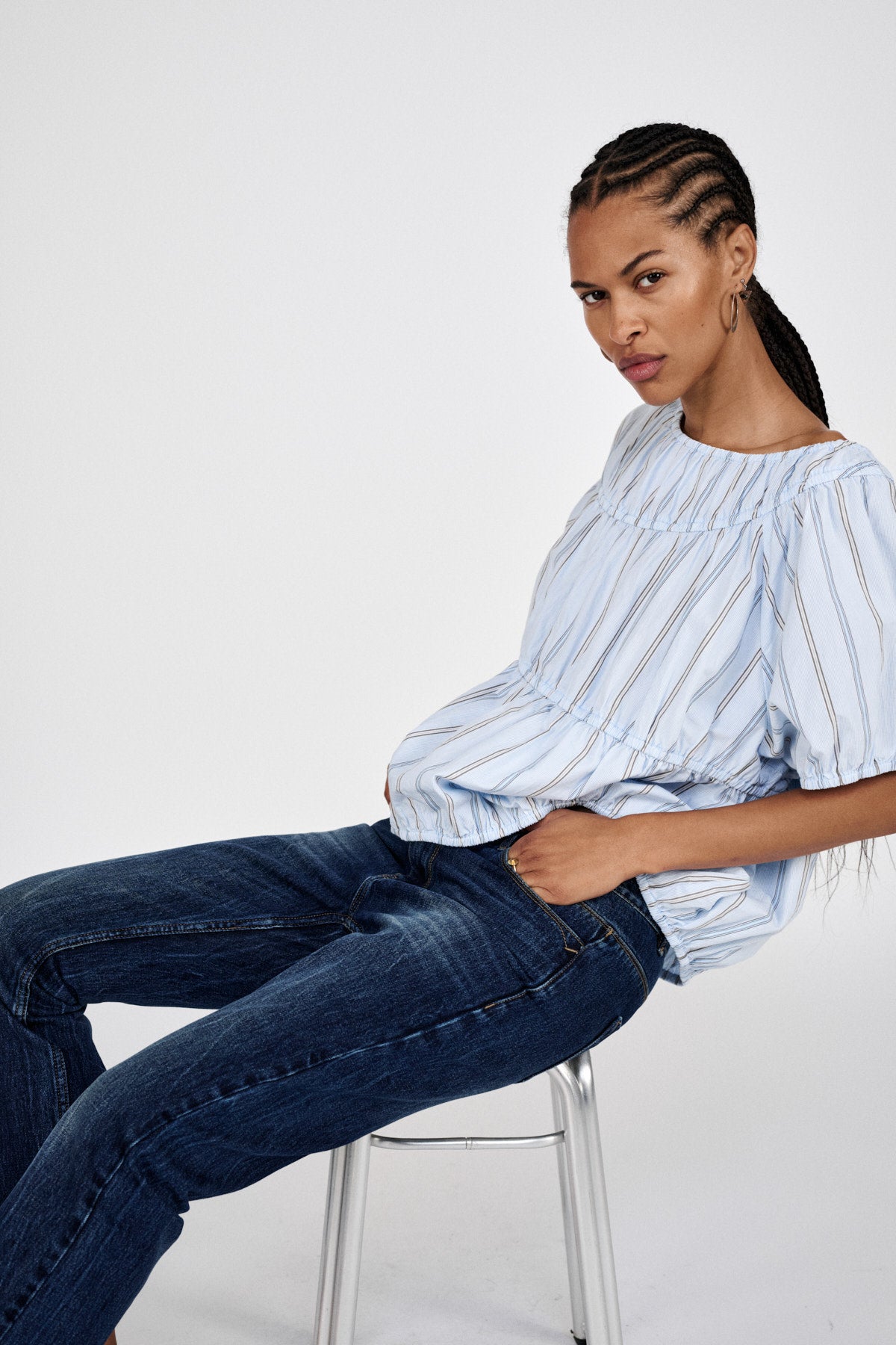 Lotte - Reverse stripe elasticated top I Blue pyjama stripe 4 - Rabens Saloner - DK