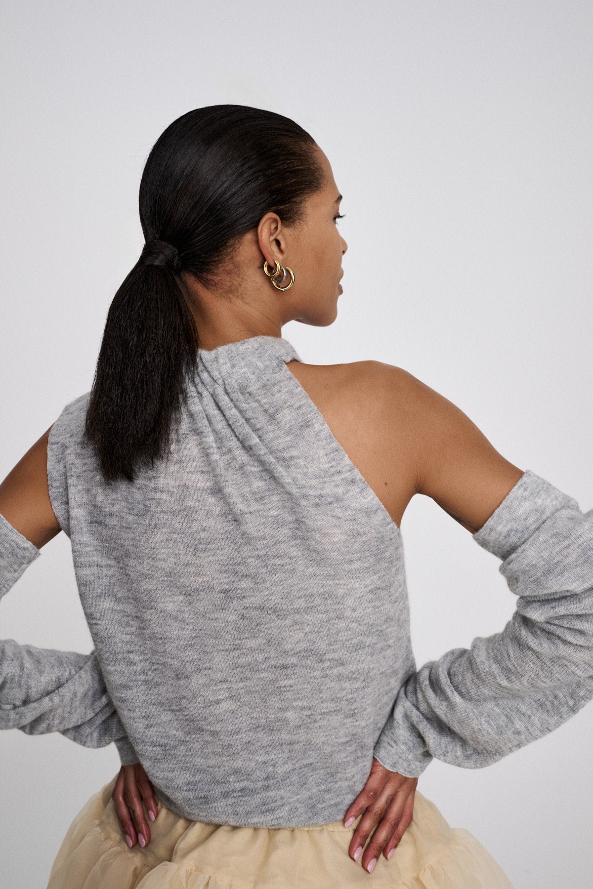 Celina - Waffled knit one shoulder top I Grey melange 2 - Rabens Saloner - DK