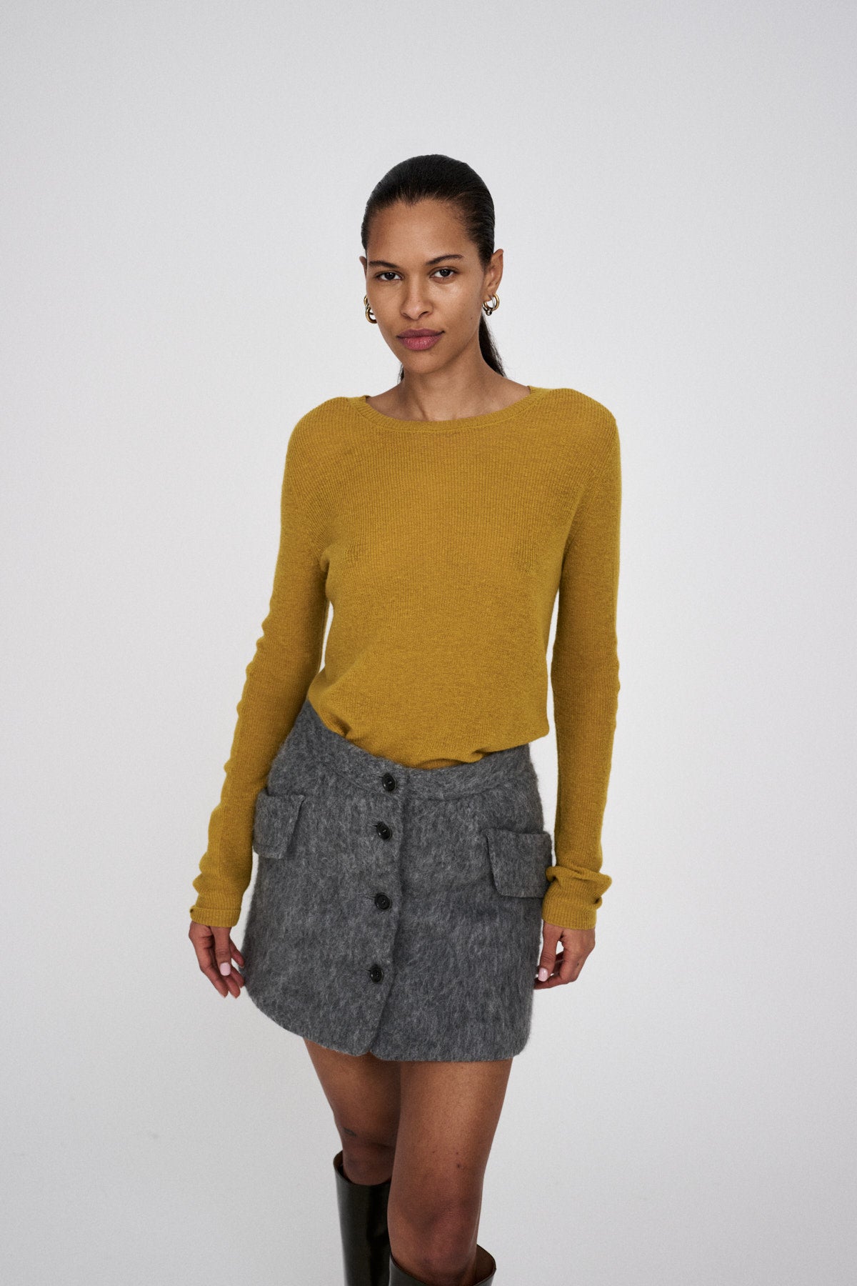 Shauna - Waffled knit long sleeve top I Mustard 1 - Rabens Saloner - DK