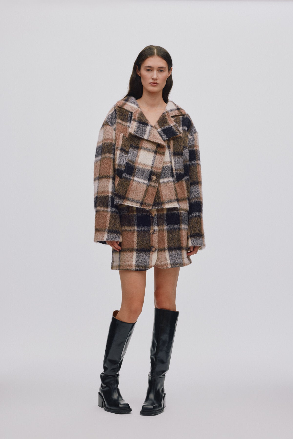 Olympia - Jumbo check short skirt I Brown check 3 - Rabens Saloner - DK