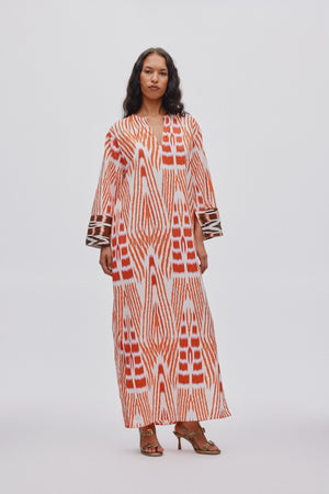 Karimalou - Ikat combo kaftan I Mandarin pink ivory & coffee combo Mandarin pink ivory & coffee combo XS 1 - Rabens Saloner - DK