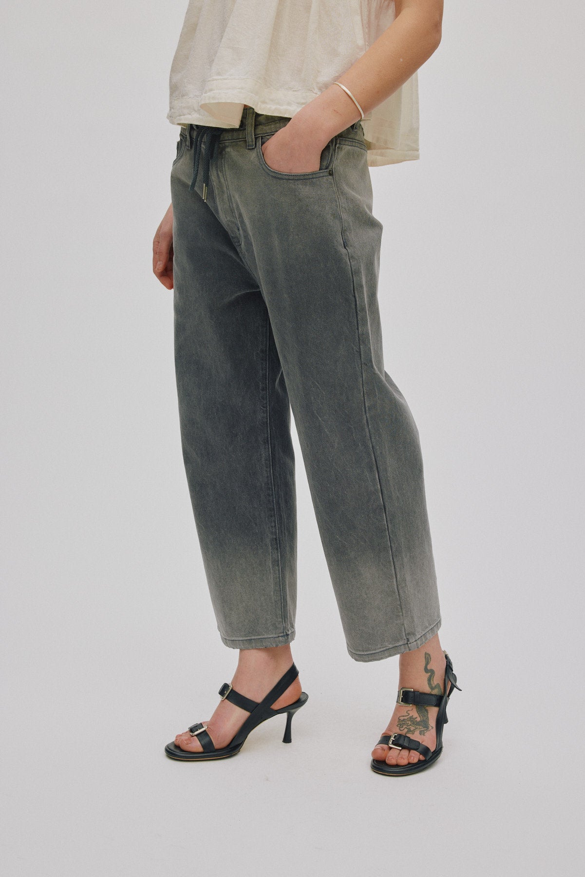 Beza - Grey denim drawstring pants I Washed grey 3 - Rabens Saloner - DK