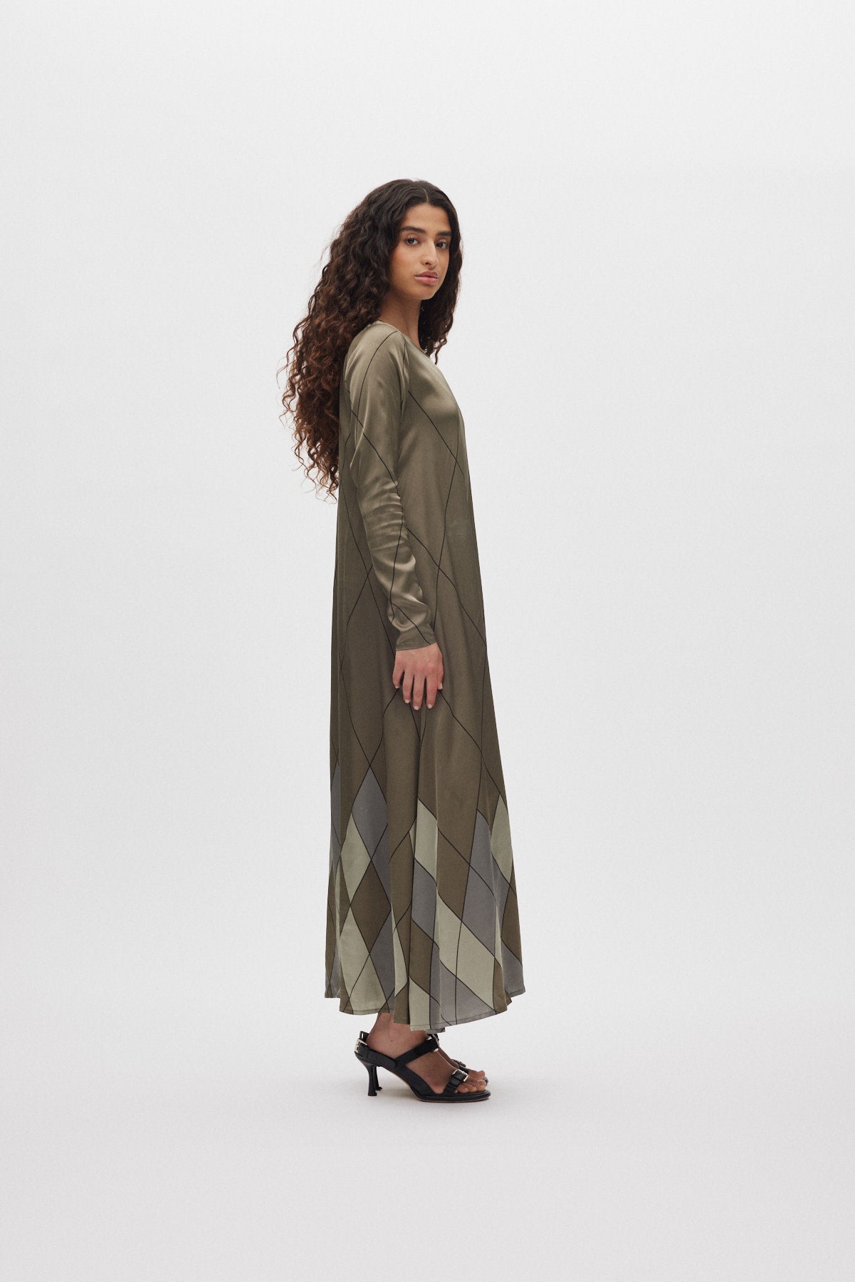 Miv - Diamond print flare dress I Olive combo 2 - Rabens Saloner - DK