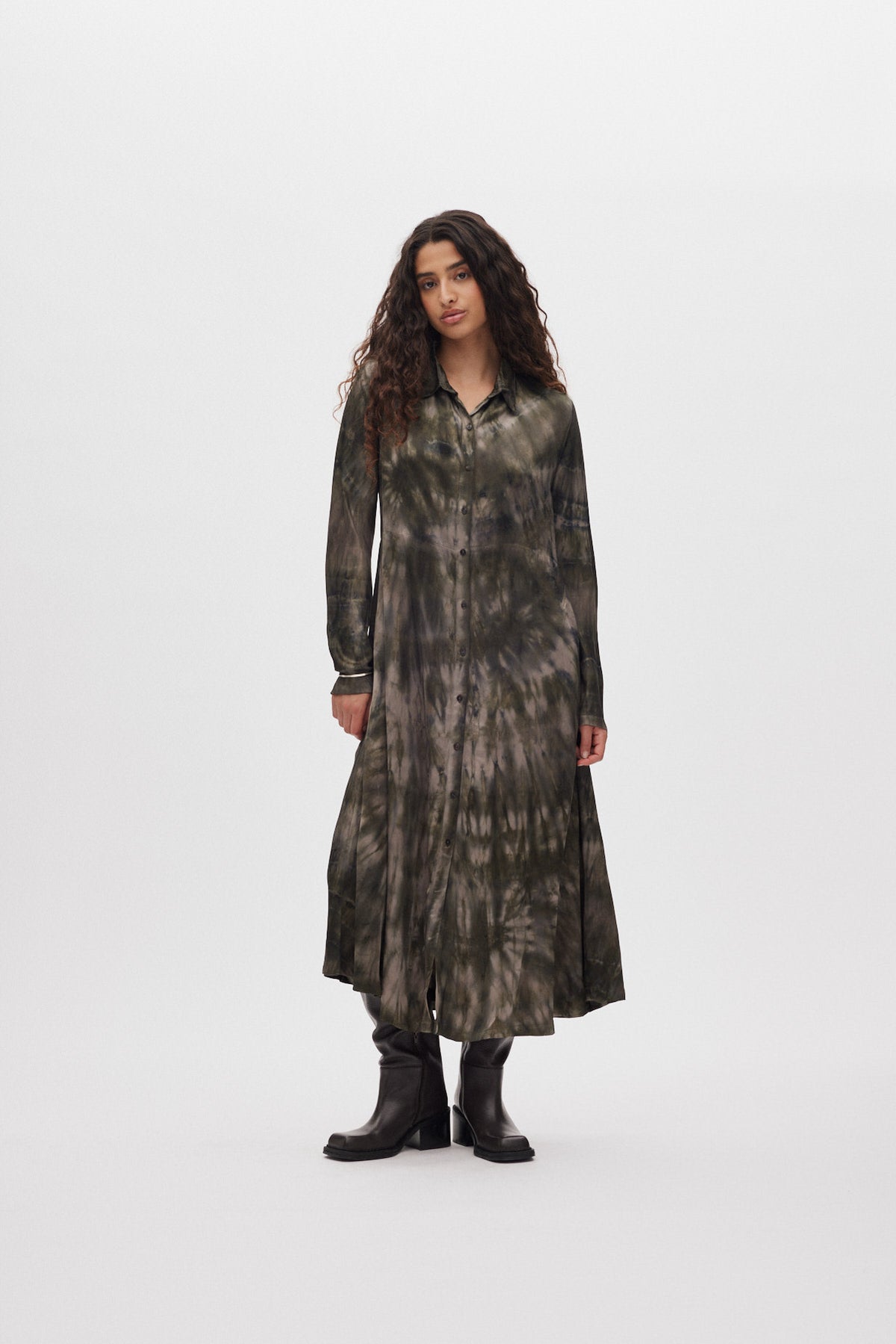Vija - Lava button dress I Grey green combo 1 - Rabens Saloner - DK