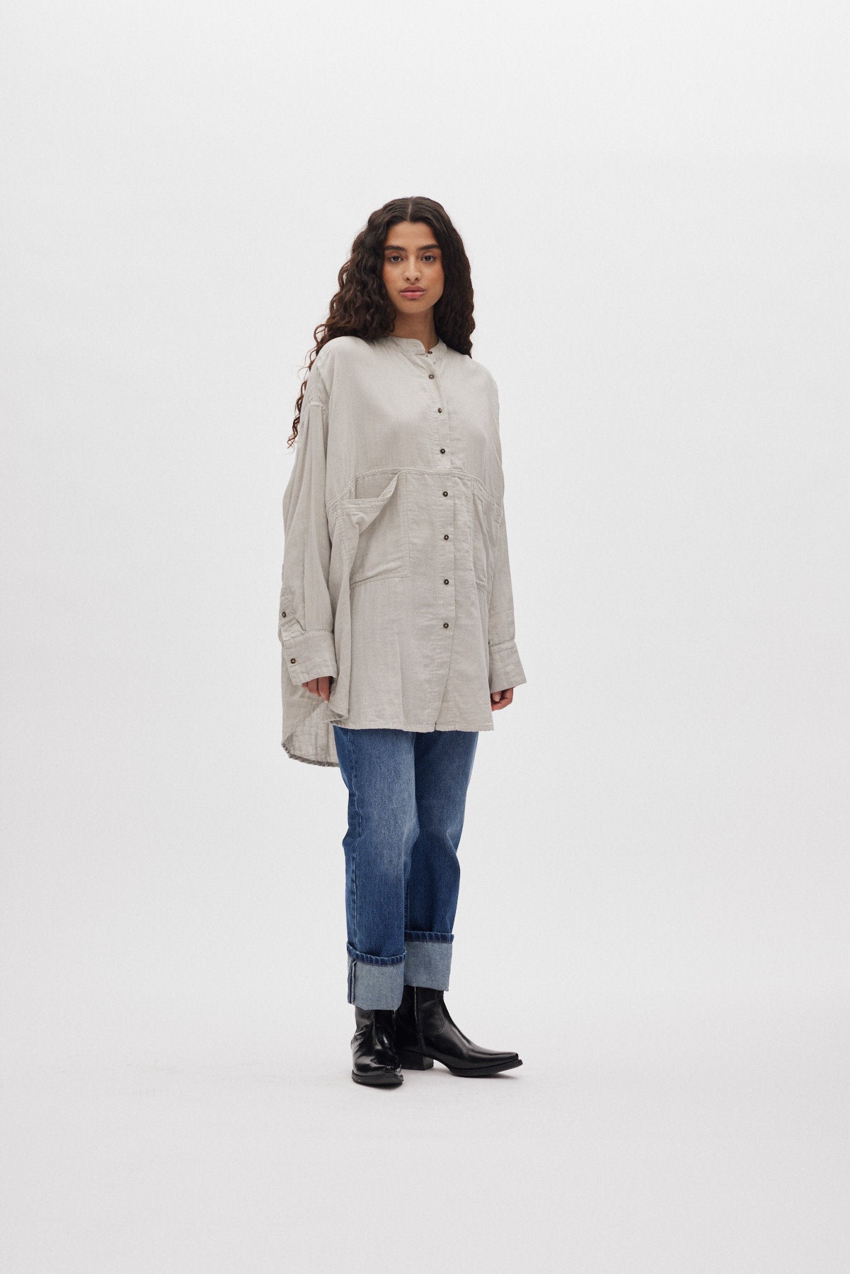 Sonja - Cotton double oversized shirt I Cement 1 - Rabens Saloner - DK