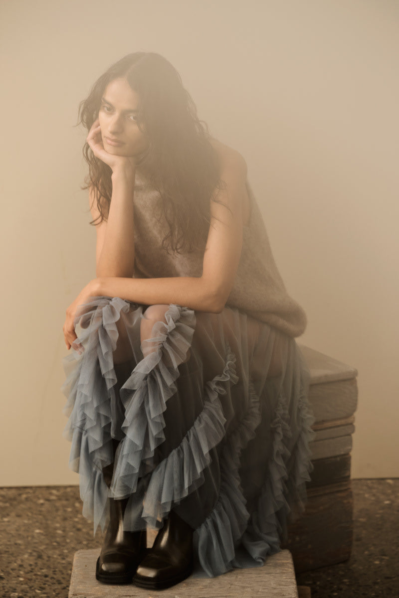 Glenda - Frilly tulle skirt I Dusty blue 5 - Rabens Saloner - DK