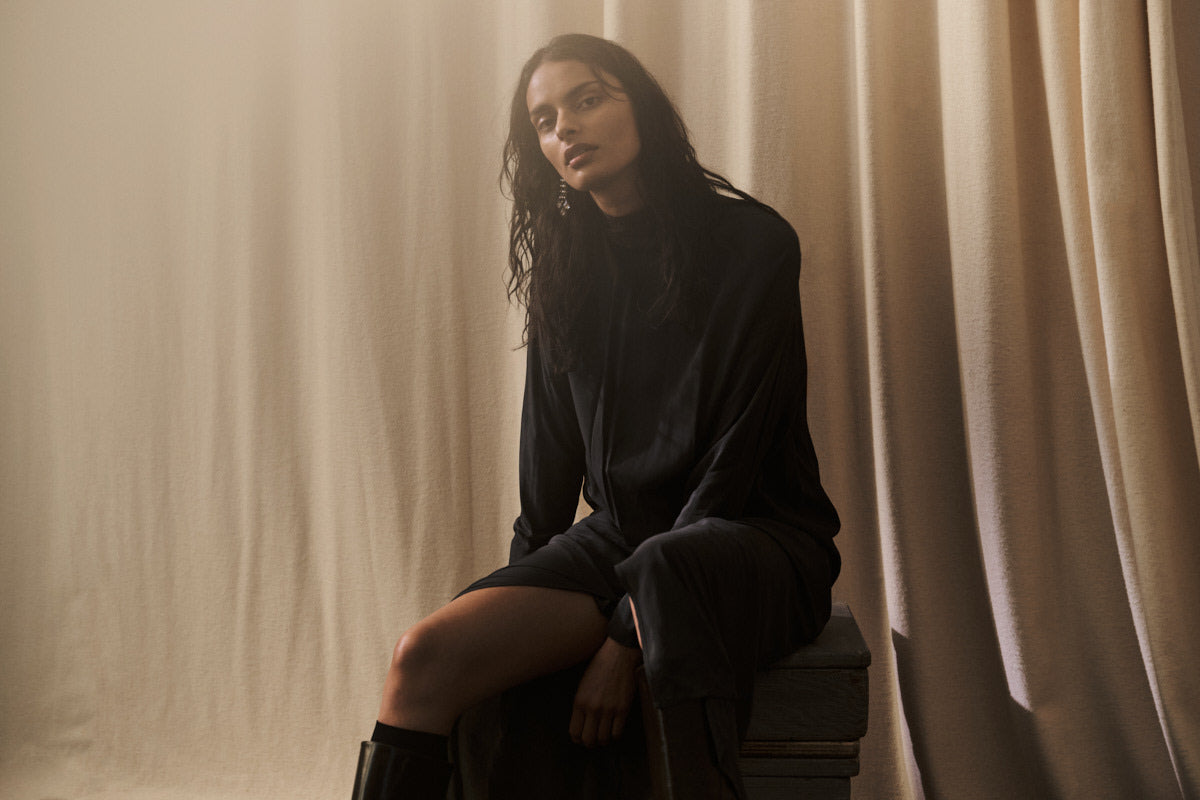 Fabiola - Matte drape zip sleeve dress I Pirate black 3 - Rabens Saloner - DK