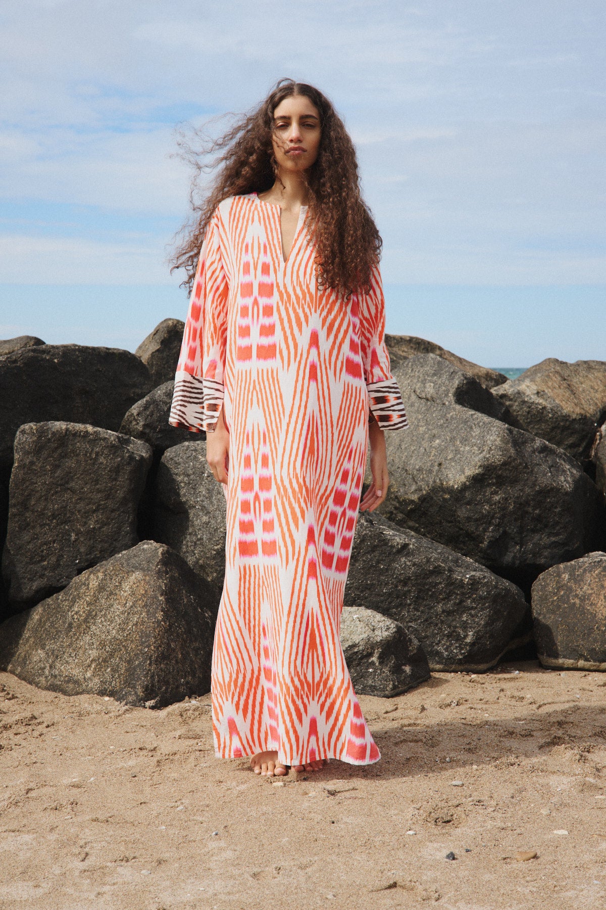 Karimalou - Ikat combo kaftan I Mandarin pink ivory & coffee combo 11 - Rabens Saloner - DK