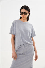 Margot - Light stretch cropped t-shirt I Workwear blue melange 3 - Rabens Saloner - DK