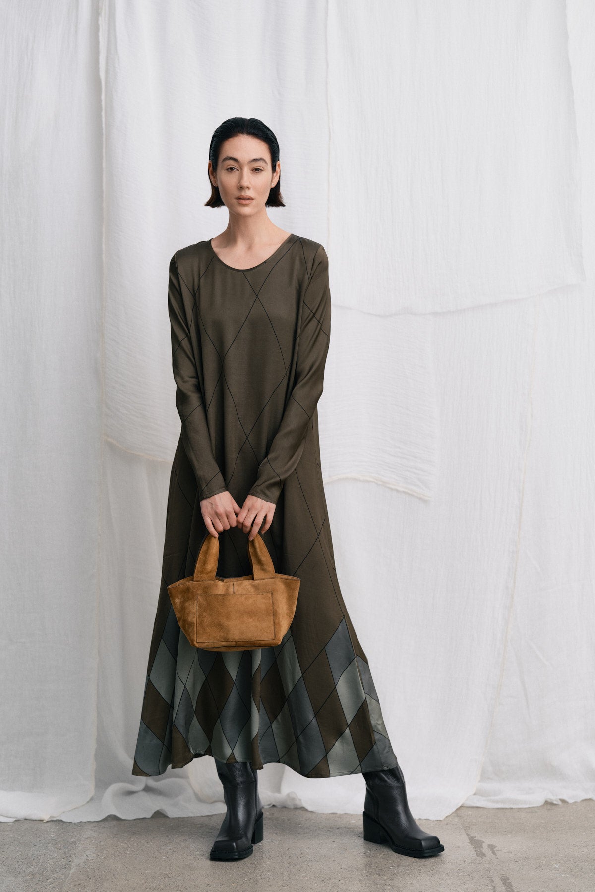 Miv - Diamond print flare dress I Olive combo 6 - Rabens Saloner - DK