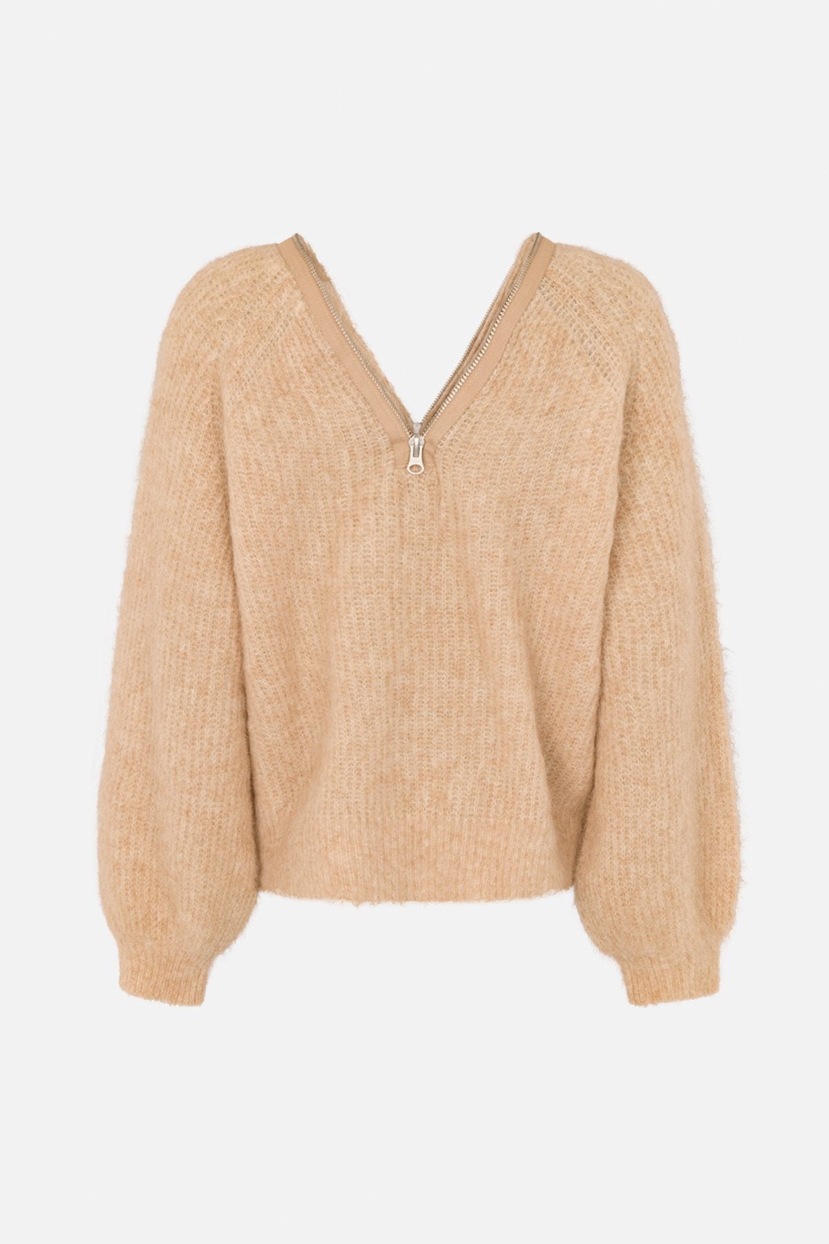 Maelle - Superlight knit zip opening sweater I Light camel 5 - Rabens Saloner - DK
