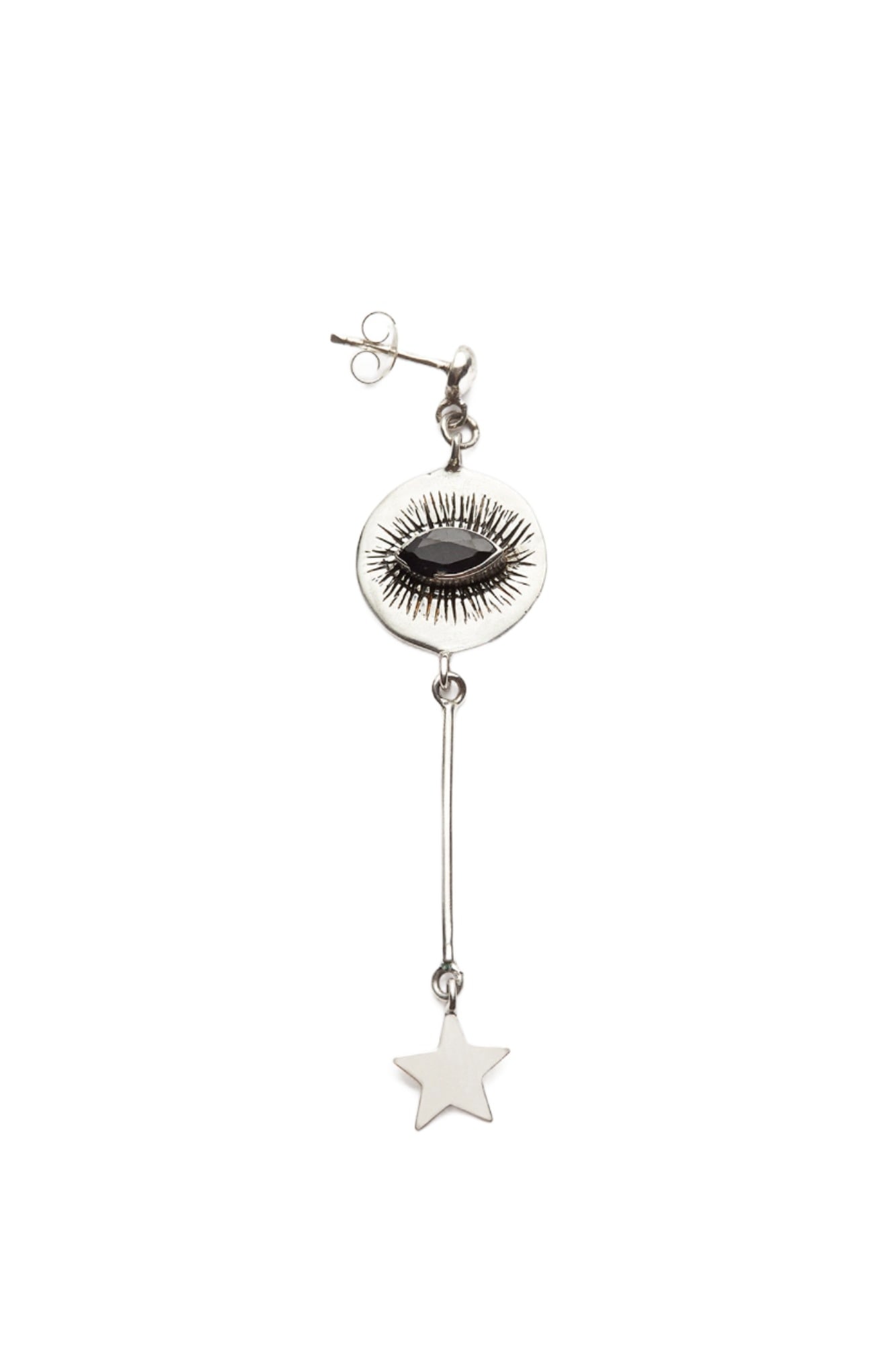Nafsu - Long Silver eye earstick w/star pendant I Black Sapphire Black Sapphire 1 - Rabens Saloner - DK