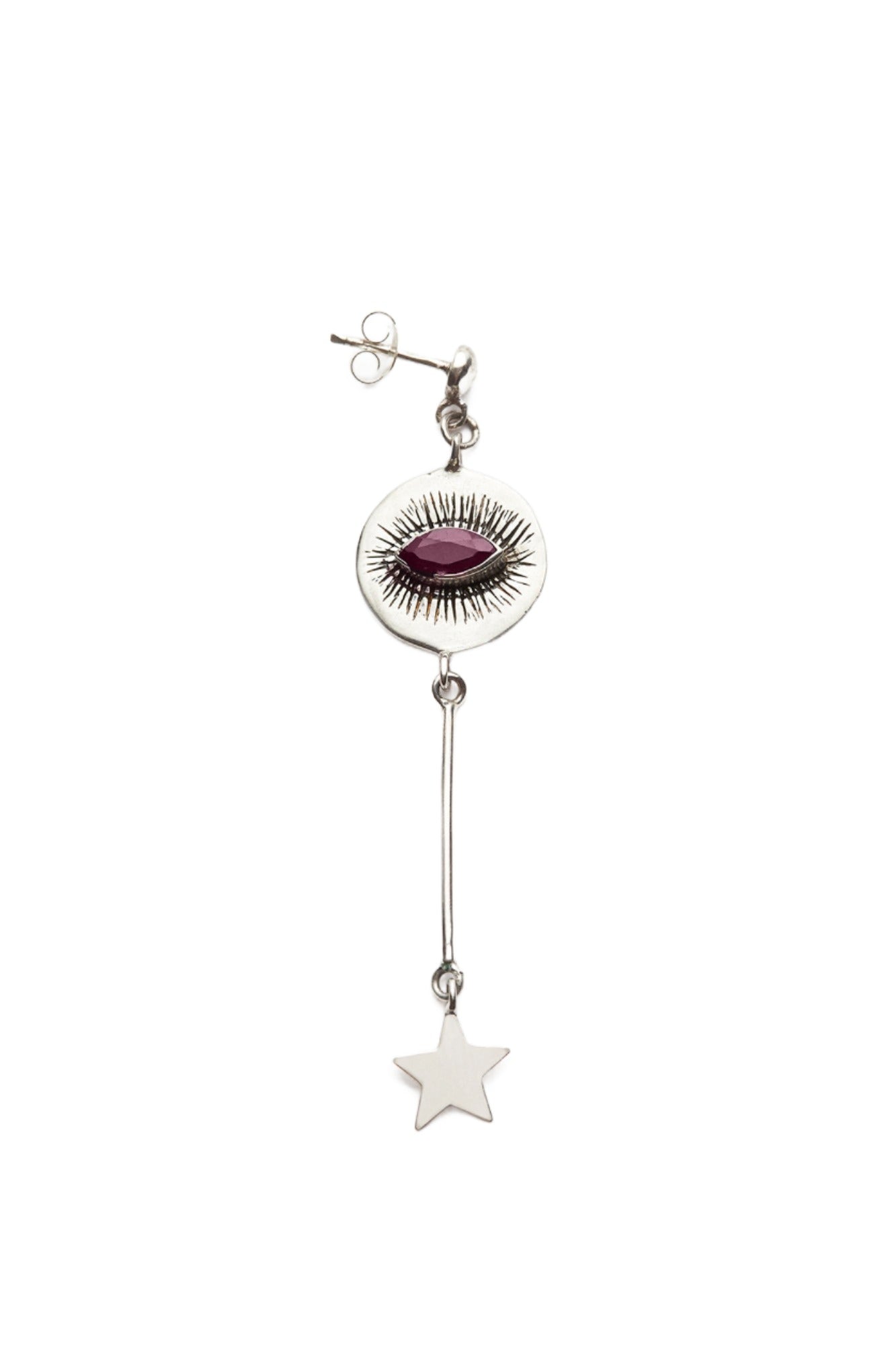 Nafsu - Long Silver eye earstick w/star pendant I Red Ruby Red Ruby   1 - Rabens Saloner - DK