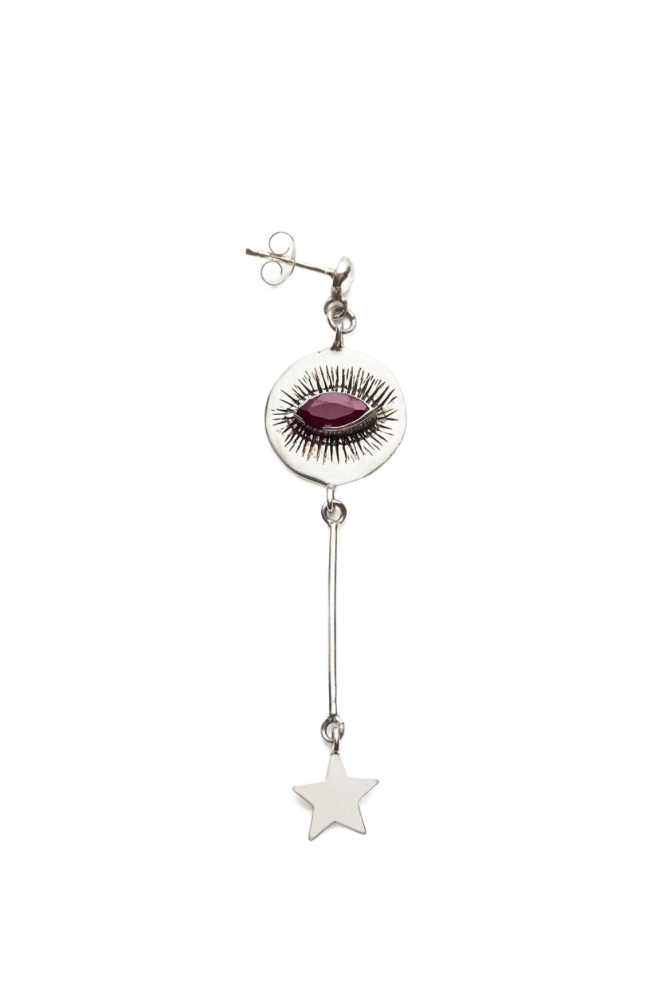 Nafsu - Long Silver eye earstick w/star pendant I Red Ruby Red Ruby 1 - Rabens Saloner - DK