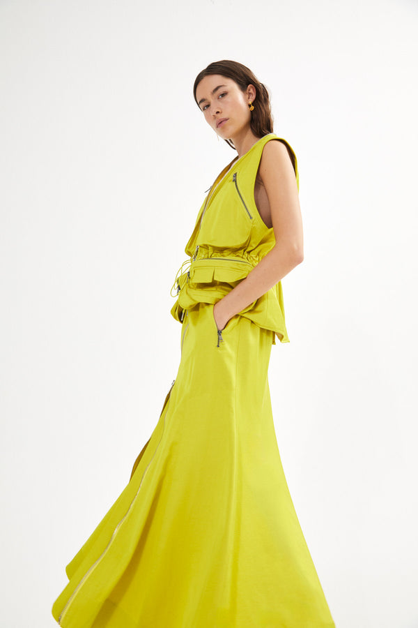 Parel - Techno drape flared skirt I Acid yellow 2 - Rabens Saloner - DK