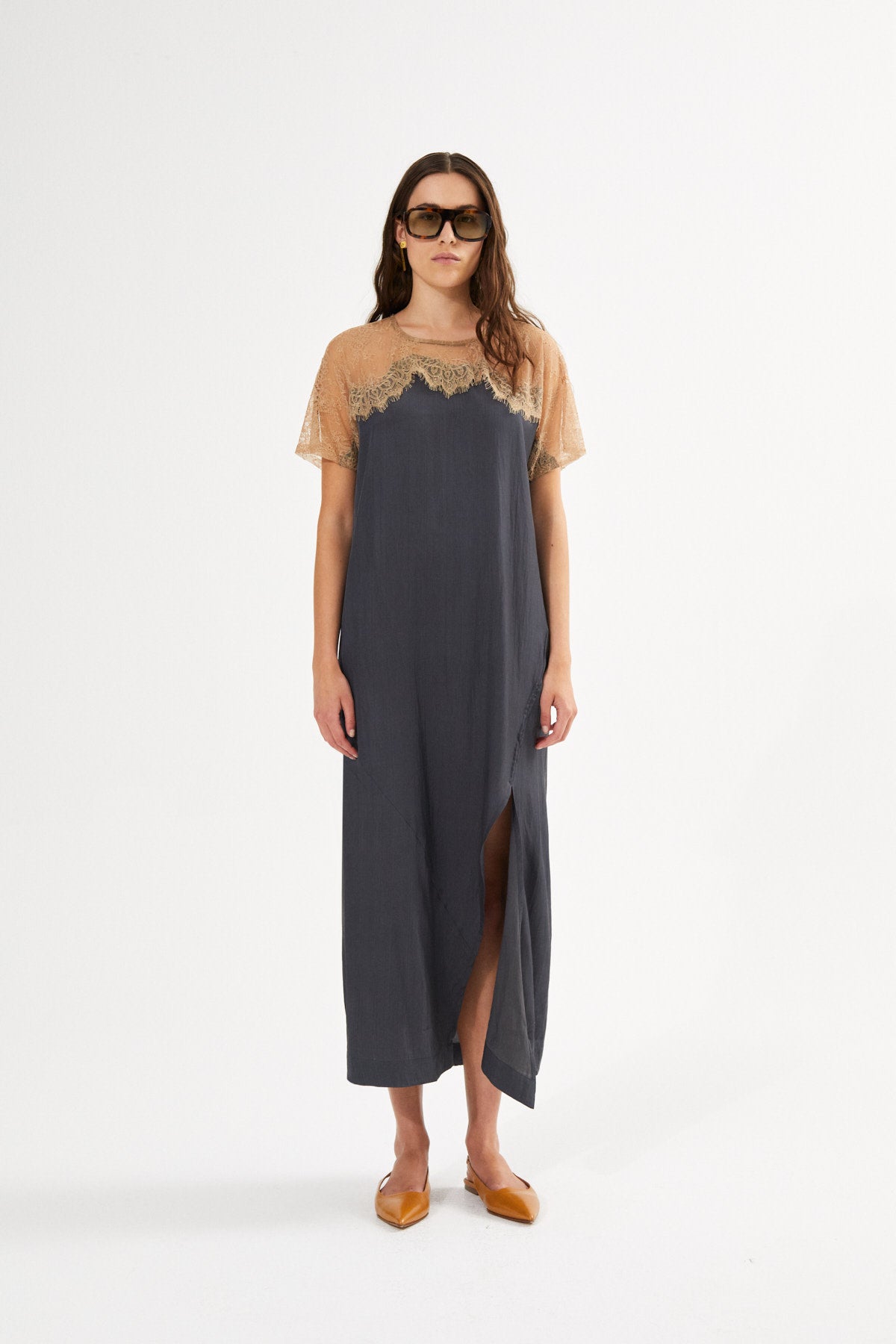 Botilla - Sheer lace t-shirt dress I Tobacco combo 3 - Rabens Saloner - DK
