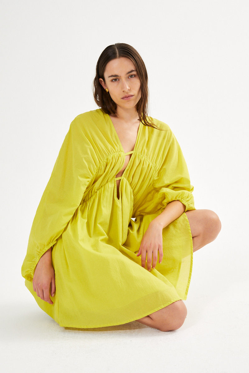 Corrina - Cotton voile deep V-neck dress I Acid yellow 2 - Rabens Saloner - DK