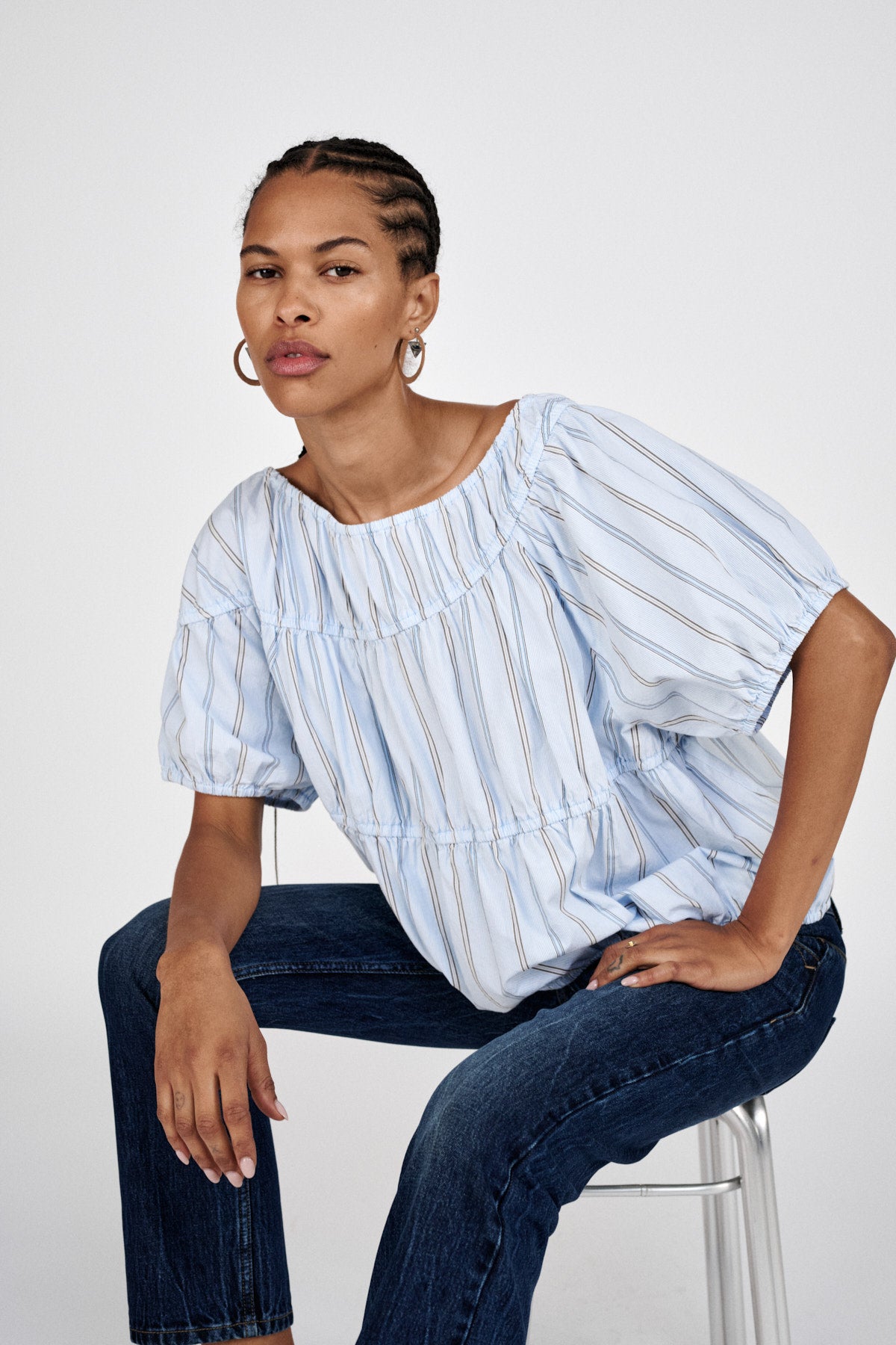 Lotte - Reverse stripe elasticated top I Blue pyjama stripe 1 - Rabens Saloner - DK