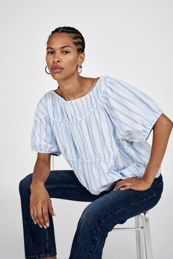 Lotte - Reverse stripe elasticated top I Blue pyjama stripe 1 - Rabens Saloner - DK