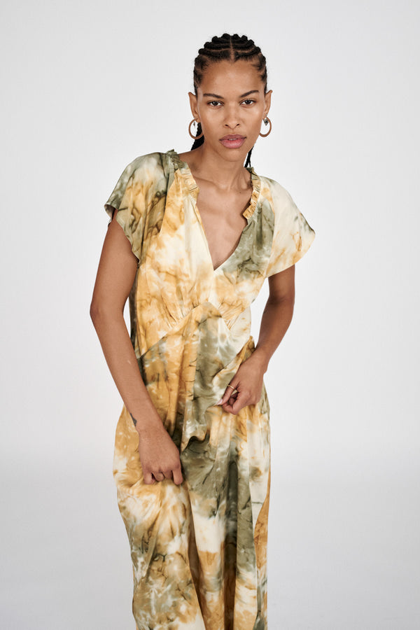 Rosie - Abstract frill neck dress I Forest combo 1 - Rabens Saloner - DK