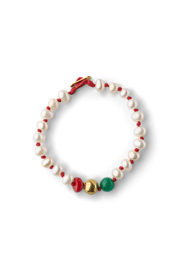 Pearl Bracelet With Beads - Nafsu I Gold Beads w/ Coral And Green Onyx 1 - Rabens Saloner - DK